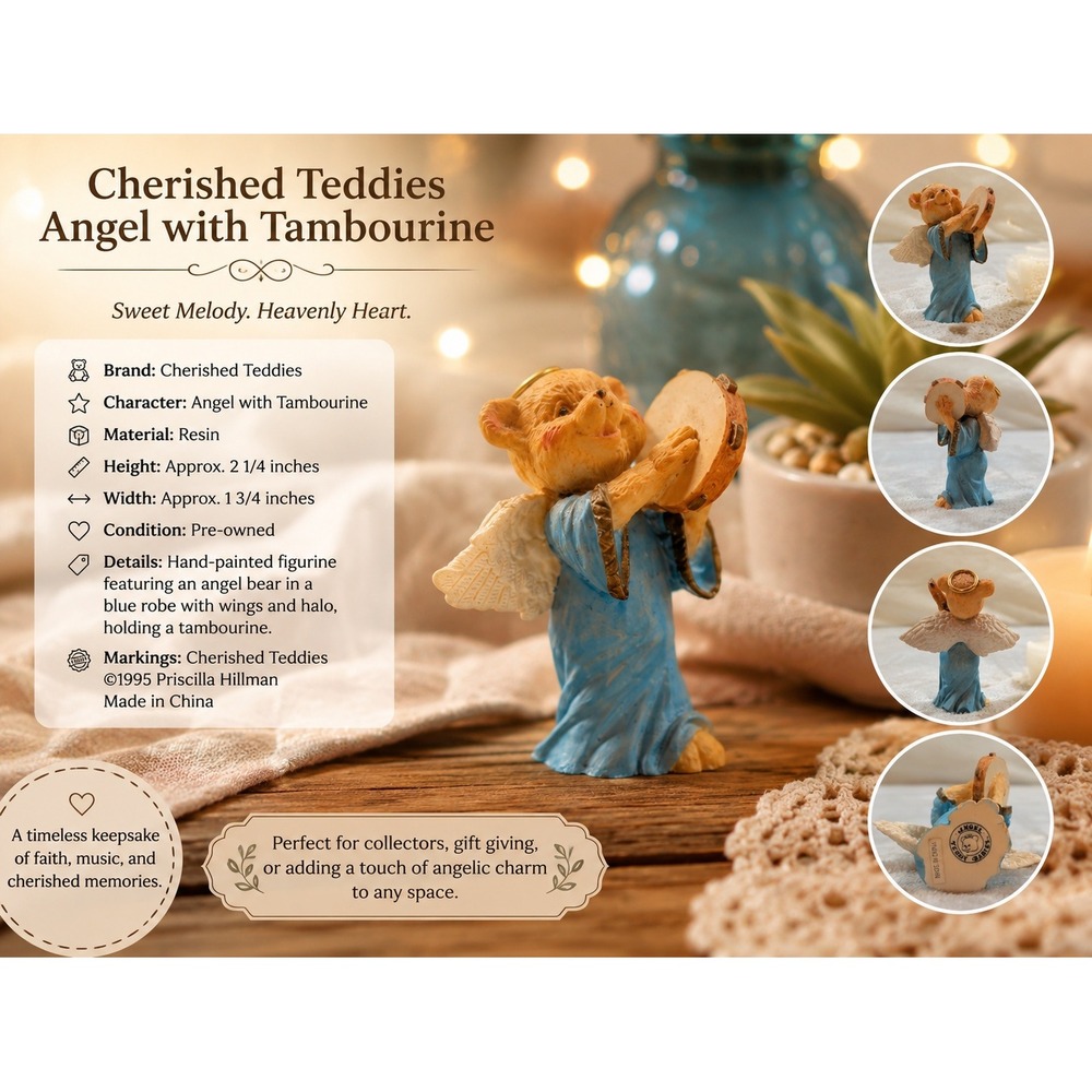 Angel Teddy Babies Bear‎ Figurine Blue Robe Tambourine Miniature Resin Statue
